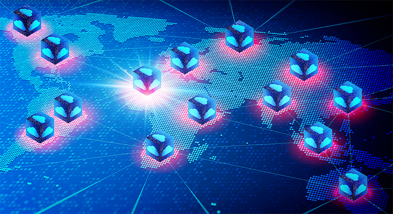 Illustration Of A World Map With Multiple Points Of Cloud Instances Distributed Around The World