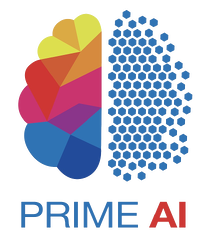 the logo for prime ai featuring a colorful brain