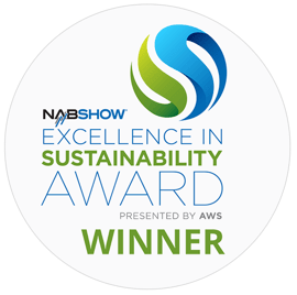 A White Circle With The Words NAB Show Excellence In Sustainability Award Winner