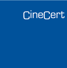 The Cine Cert Logo On A Blue Background