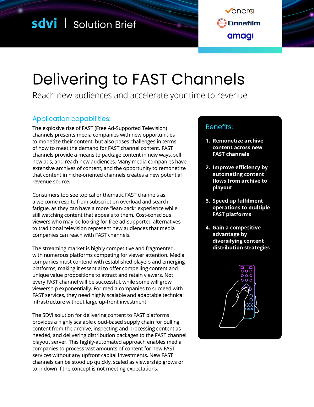 FAST Channel Solution Brief Front Page With SDVI, Amagi, Cloudfirst.io, And Cinnafilm