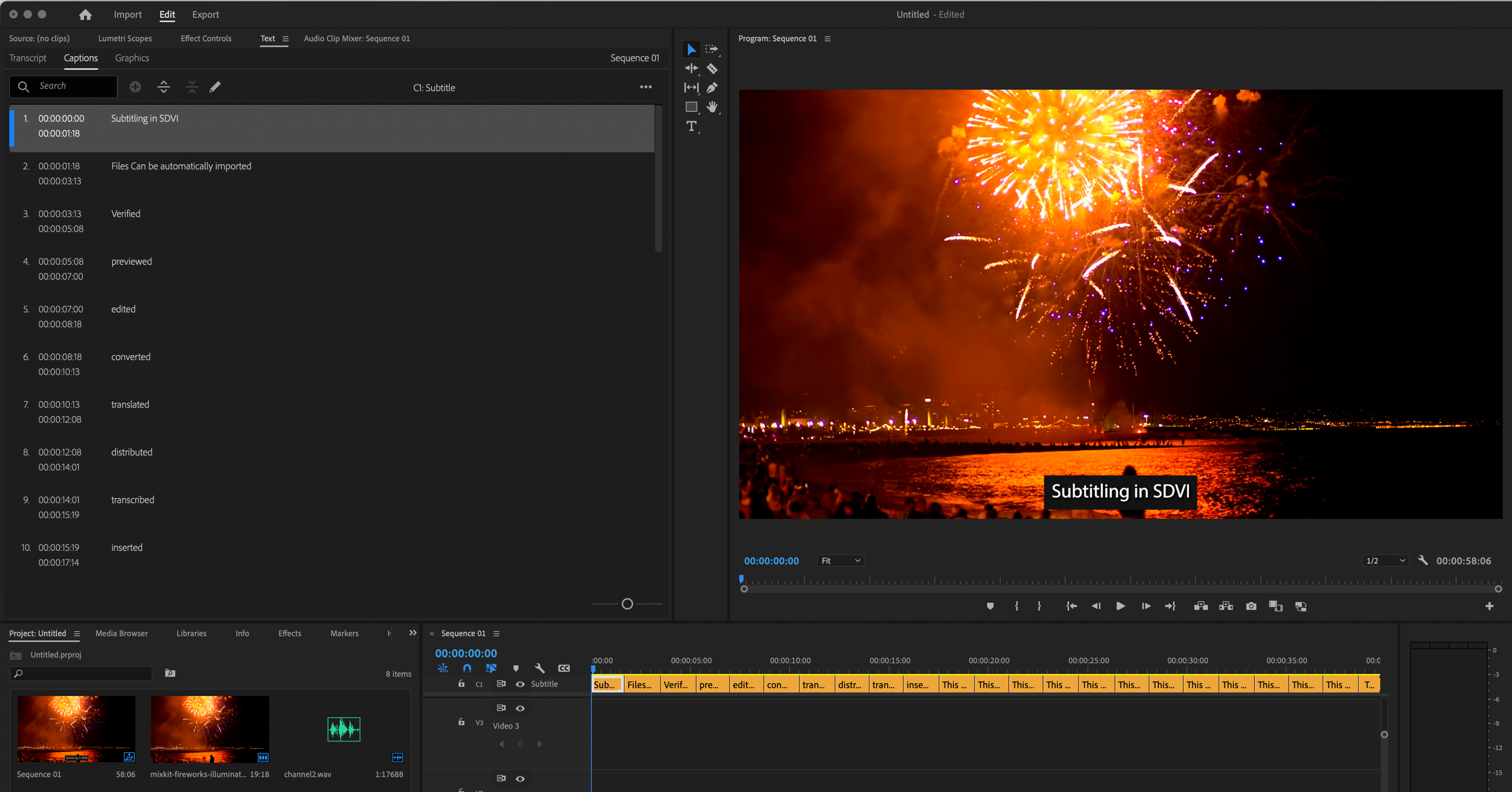 UI Of An Adobe Premiere Pro Edit Session With Visible Timeline, Subtitles, And SDVI Rally Access Panel With Workorders