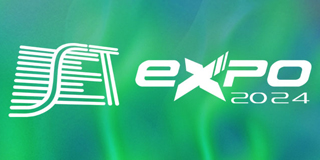 A green and blue background featuring a white exo logo for SDVI at SET Expo 2024