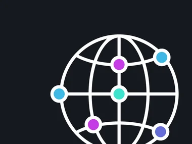 black background featuring a white globe and colorful dots representing Media Supply Chain Transformation
