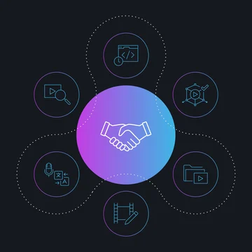 wo hands shake over a circle of icons representing Media Supply Chain Transformation