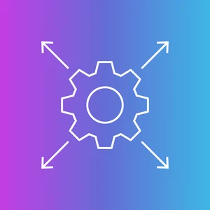 white line drawing of a gearwheel on a blue and purple background representing Media Supply Chain Transformation