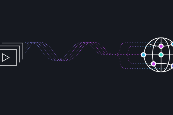 black background featuring a blue and white graphic of a globe and a play button