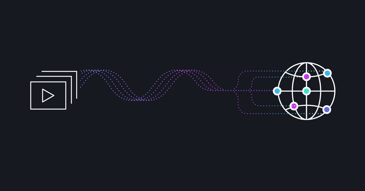 black background featuring a blue and white graphic of a globe and a play button
