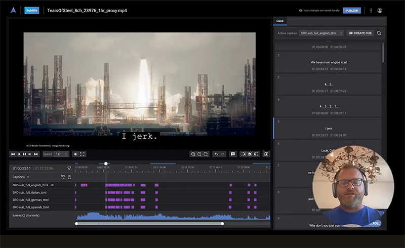 User interface with side panel for subtitle editing and a video preview screen with subtitles as they appear. Man appears in lower right to describe the demonstration.